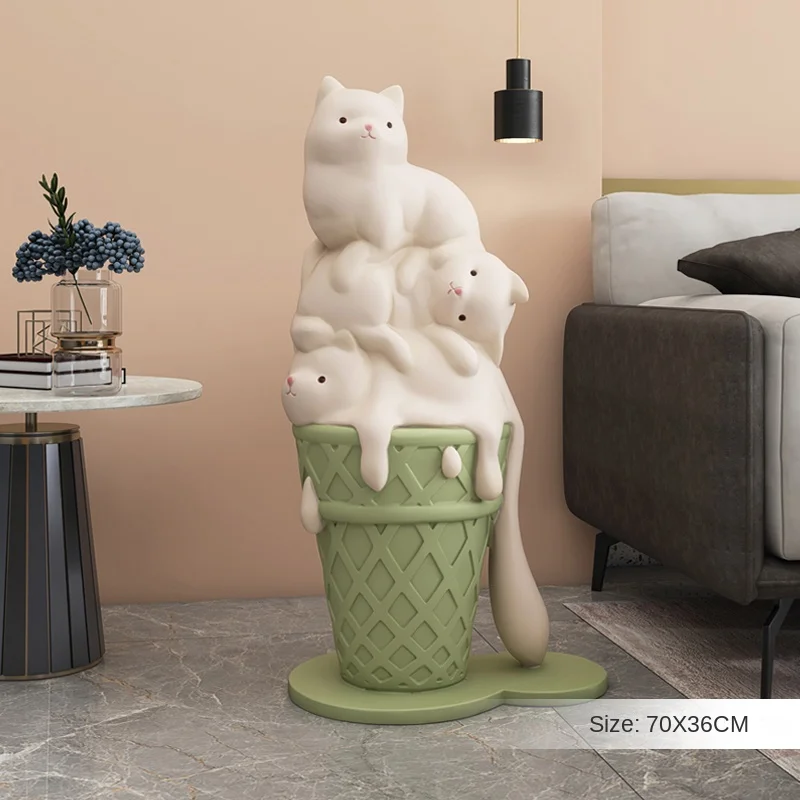 

70*36cm Large Cute Ice Cream Cat Floor-standing Ornaments for Living Room Next To Sofa TV Cabinet Home Decoration