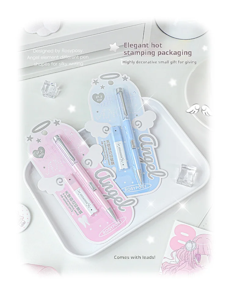 RosyPosy Angel Element Automatisches Bleistift-Set, Kawaii, glänzender Kristall-Stifthalter, 0,5 HB, seitlicher Druckkern, Zeichnen, Schreiben, Schreibwaren – Detail 6