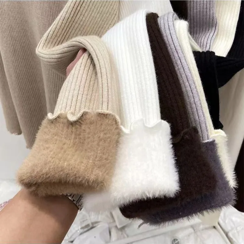 Women's Thickened Fleece Lined Turtleneck Pullover Autumn Winter Fashion Base Layer Shirt Long Sleeves Warm Ruffled Edge Sweater