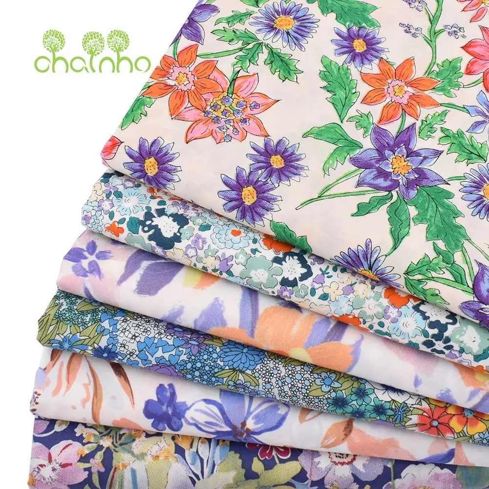 Chainho,Printed Plain Weave Poplin Cotton Fabric,DIY Quilting Sewing Material,Patchwork Cloth,Floral Series,3 Sizes,15PC39