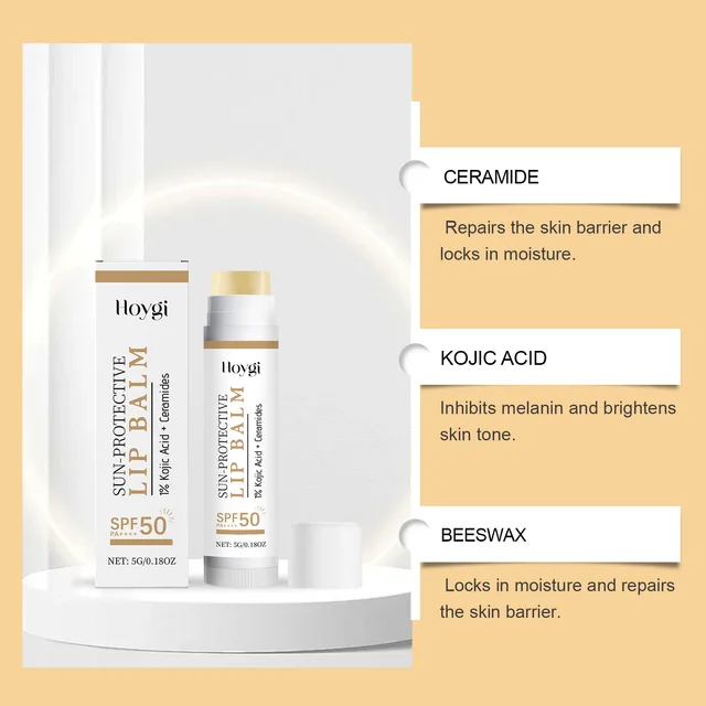 Sun Protective Lip Balm SPF50+ Hydrating Lip Sunblock Fade Lip Lines Nourishing Moisturizing Brighten with Kojic Acid Ceramide