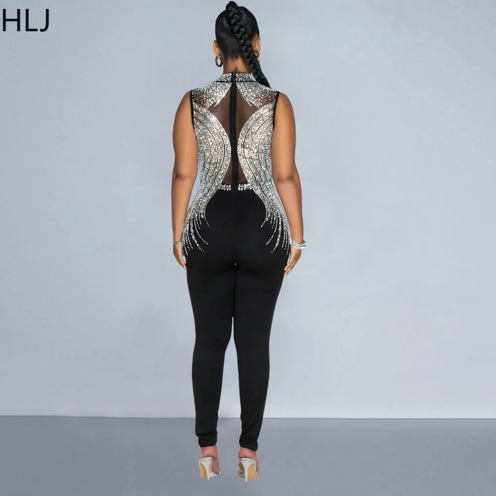 HLJ Fashion Mesh Perspective Rhinestones Bodycon Jumpsuits Women Round Neck Sleeveless Slim Playsuits Female Party Club Overalls