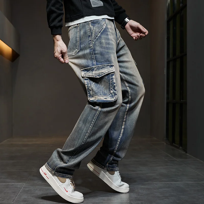 Versatile retro jeans for men, loose and nostalgic multi pocket straight leg denim pants, hip-hop workwear pants 5