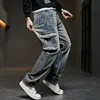 Versatile retro jeans for men, loose and nostalgic multi pocket straight leg denim pants, hip-hop workwear pants 5