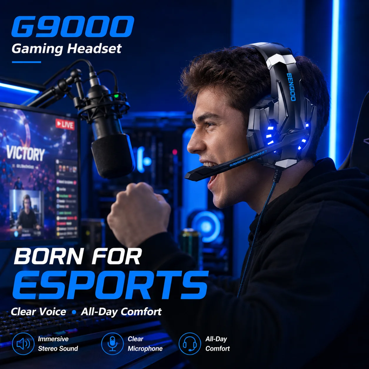 Enhanced Wired Gaming Headset with Mic and Blue LED Stereo Over-Ear Headphones