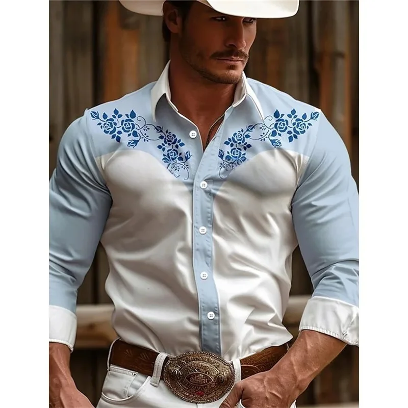 Men's long sleeved shirt, seasonal casual collar button up shirt, men's denim retro ethnic style breathable soft shirt