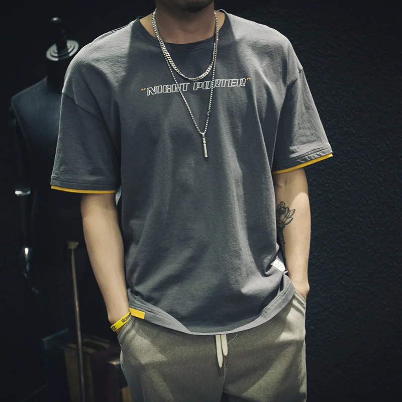 

GL003 Summer Men Short Sleeve Fashion Fake Two Piece T-Shirts Korean Style Streetwear Hip Hop Letter Printed Youth Pullover Tops