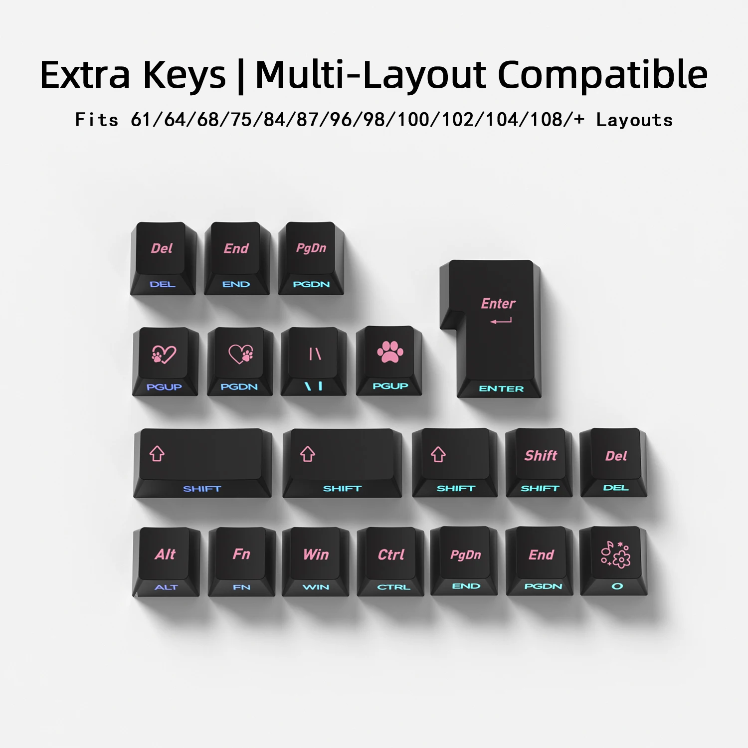 Black Pink Cat Korean Side-Printed Translucent Keycaps - Cherry Profile Gaming Keyboard Key Caps