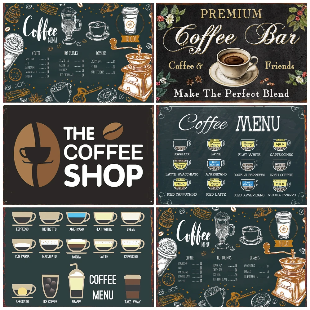 ヴィンテージの金属製のブリキの看板,コーヒーのメニュー,レトロな