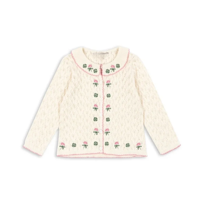 재고 있음 봄/여름 신상품 KS 아동용 2026 스웨터 레이스 칼라 니트 자수 속이 비치는 가디건 하이