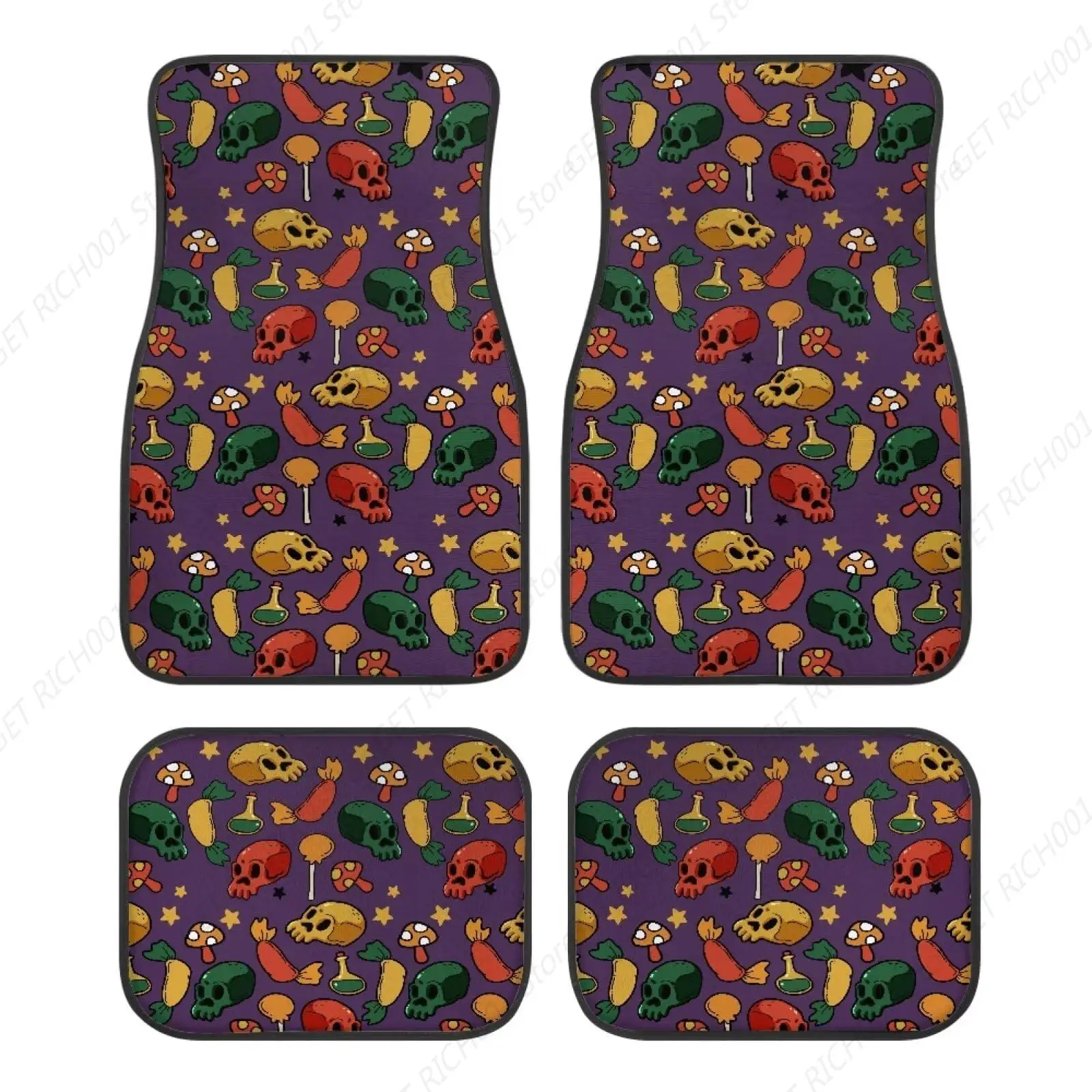 Halloween Skulls Mushroom Car Floor Mats Meat Star Magic Potion Car Front Rear Floor Foot Mats Anti-Slip Mat 4pc