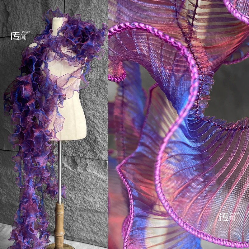 

Purple Colorful Gradient Lace Accessories Pleated Wave Fabric Creative Handmade Finish Clothing Designer Fabric