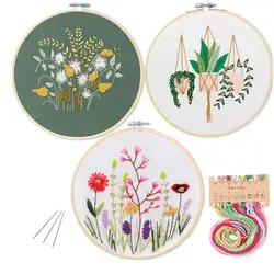 Kit de démarrage pour broderie, bricolage, motifs de fleurs, plantes, tissu, fils de couleur, outils 