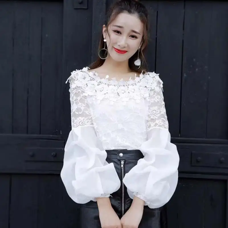 

Fashion Slash Neck Solid Color Gauze Lace Lantern Sleeve Blouses Female Clothing 2024 Spring New Loose Sweet Tops Korean Shirts