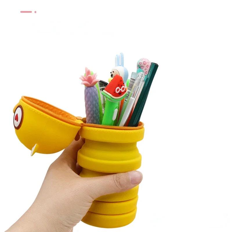 Trousse à Crayons Extensible Et Pliable En Silicone - Se Transforme En Pot à Crayons, Fermeture éclair, Design Kawaii Vert