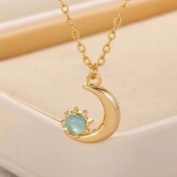 Imitation Opal Crescent Moon Necklace for Women Stainless Steel Chain Necklaces Fashion Wedding Jewelry Gift
