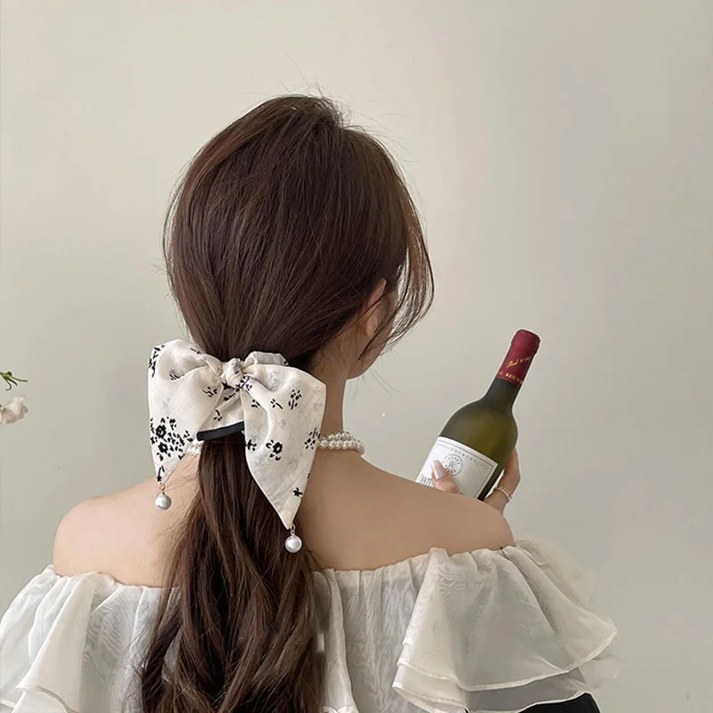 

Korean New Fashion Black And White Floral Bow Ribbon Elastic Scrunchie Hair Rope Hair Accessories Drop Shipping Wholesale