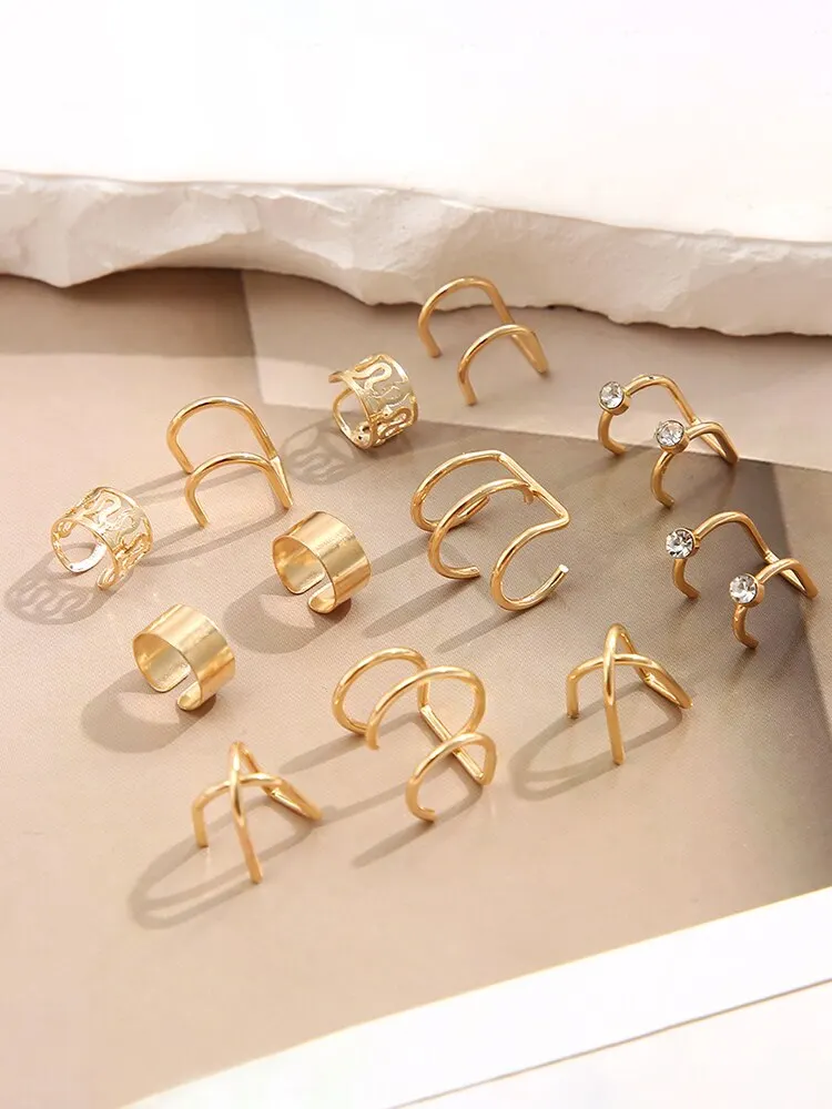 Ear clip earrings clip earrings ear clip ear accessories 12 Pieces Vintage Gold Silver color Ear clip earrings set Crystal Non-piercing ear cuff Hollow Women trendy jewelry