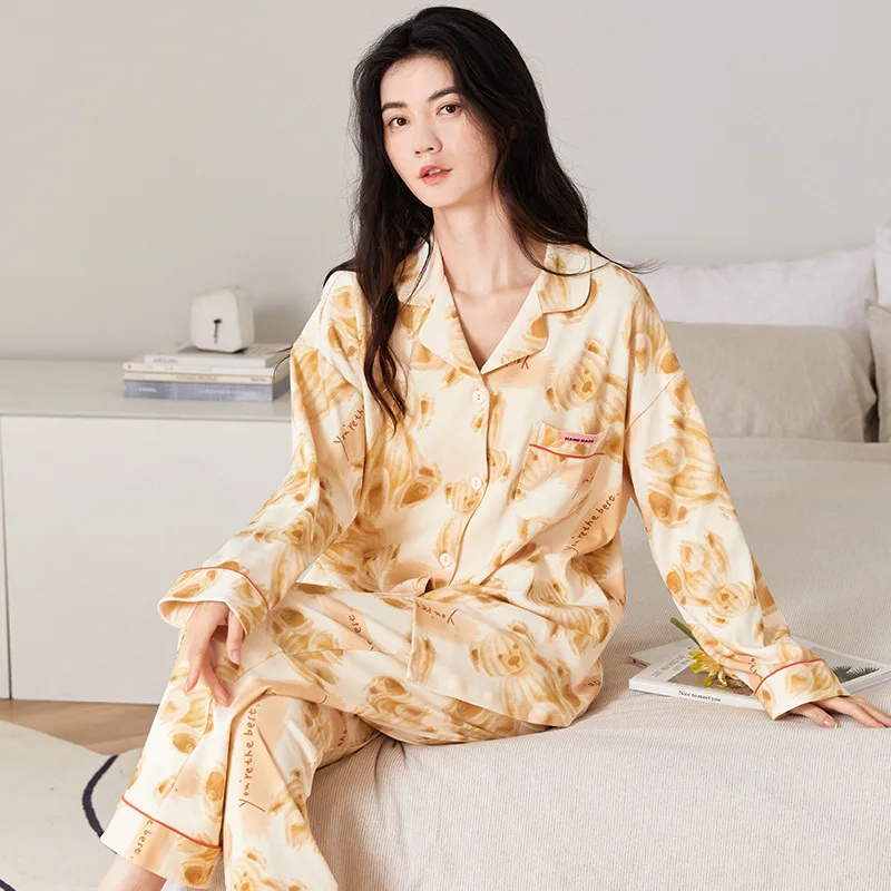 Spring Autumn Women's Pure Cotton Pajamas Lapel Long Sleeve Cardigan Pants Loose Fit Home Clothing Set Sweet Cute Sleepwear