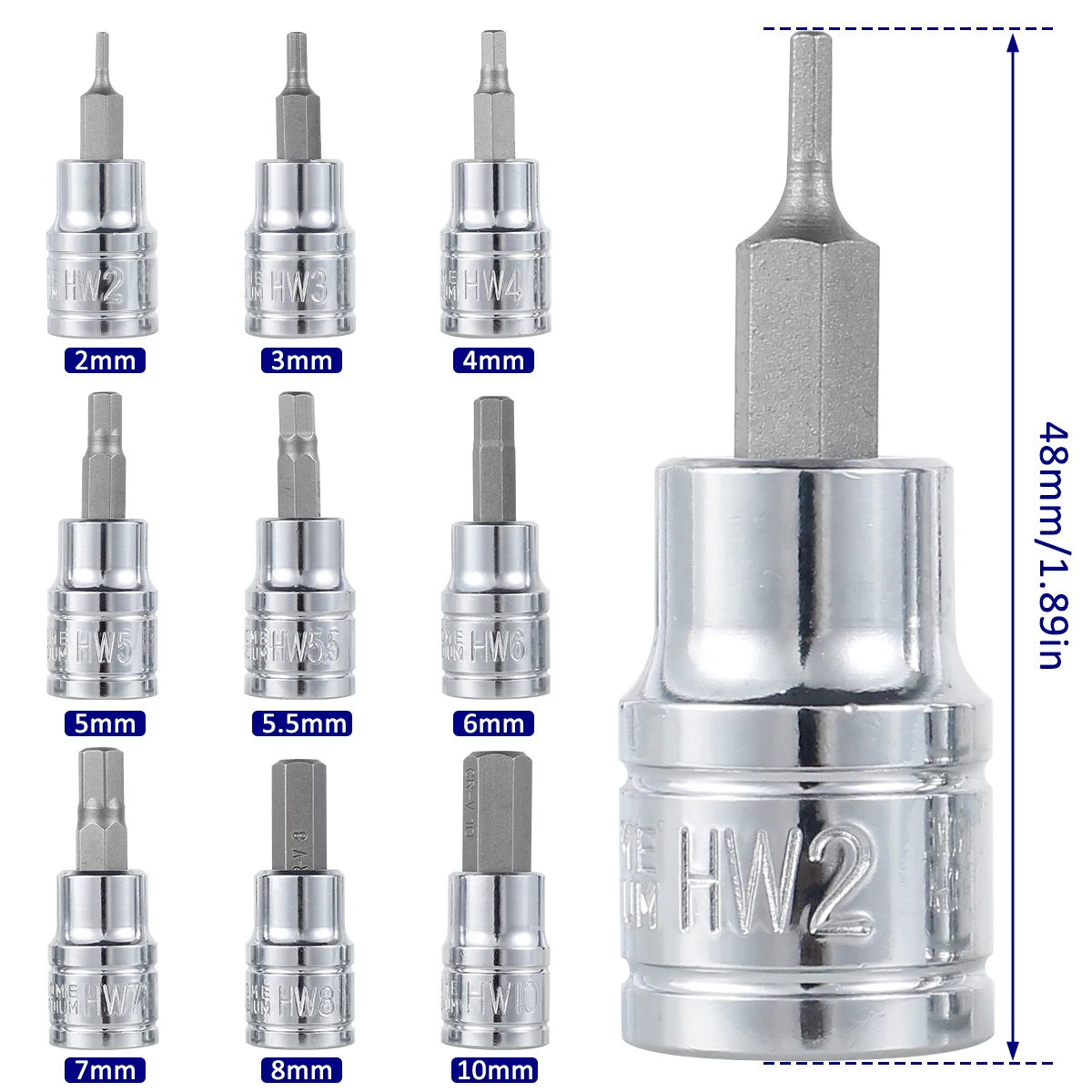 9Pcs Hex Bit Socket Set Sturdy Allen Key Sockets 3/8inch Drive Drill Metric Tools Kit Durable Impact Socket Set Size 2mm-10mm