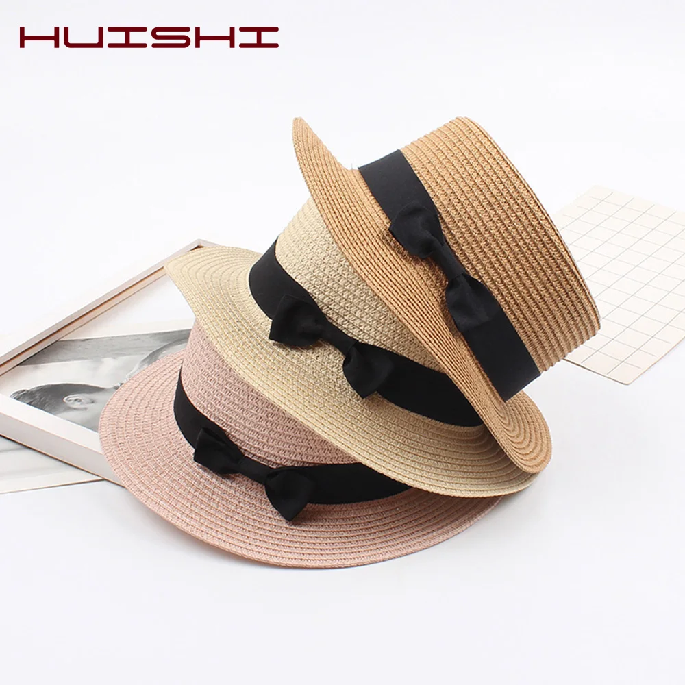 

HUISHI Straw Hat Colorful Bowtie Parent-child Panama Cap Women Girls Sun Hat Beach Ladies Fashion Flat Brim Summer Caps Straw