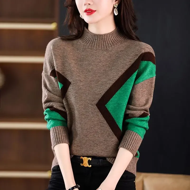 

Autumn Splicing Chic Knitted Half Turtleneck Sweater for Women 2024 Korean Thickening Popularity Pullover Top Oversized E710