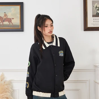 Yoawdatss 여성용 야구 재킷, 긴팔 라펠 자수 패치 코트, 단추 봄버 오버사이즈 아우터, 발렌타인 데이