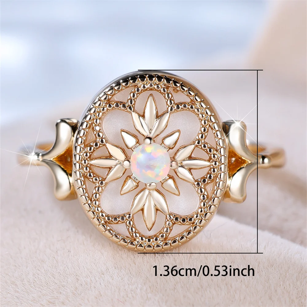 Trendy Flower White Opal Round Stone Rings For Women Vintage Gold Color Engagement Bands Wedding Jewelry Bridal Versatile Gifts