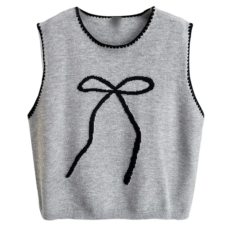 Women's Bow Jacquard Knitted Vest, Loose Casual Sleeveless Sweater, Plus Size, Autumn Winter, 385