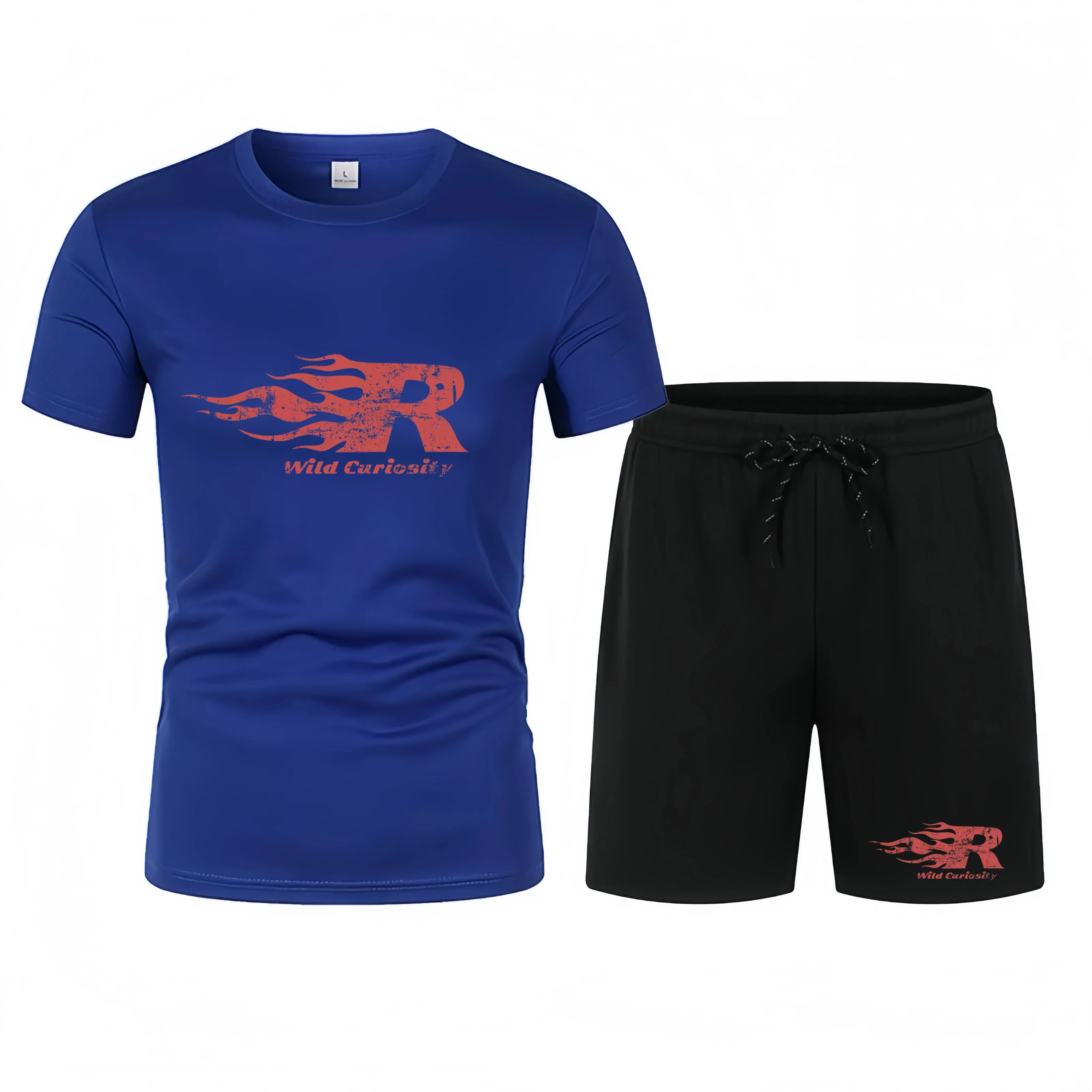 Blue t-shirt and black shorts set with red logo and text on a white background