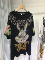 Oversized top Rhinestone diamond o-neck peony print rabbit fashion women's short-sleeved T-shirt