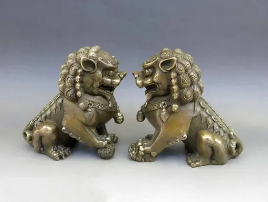 

12cm Chinese Brass Copper Animal Feng shui Foo Dog Lion town house Statue