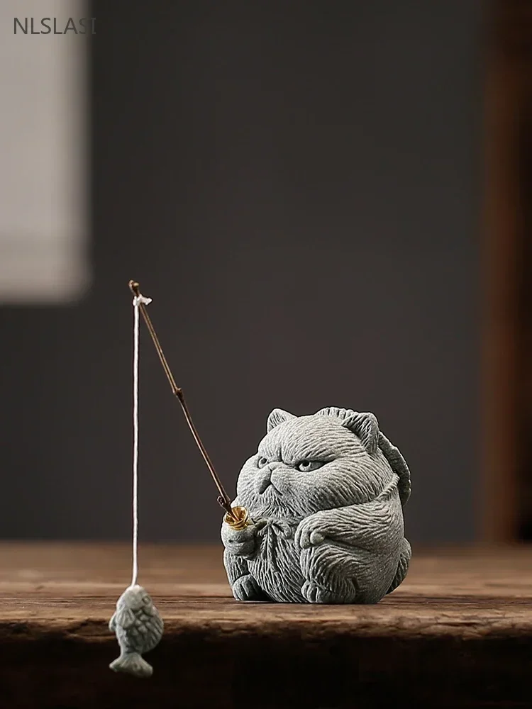Tea Pet Ornaments Stone Carving Kitten Sculpture Handmade Tea Pet Chinese Tea Tray Decoration Fish Tank Potted Tabletop Ornaments