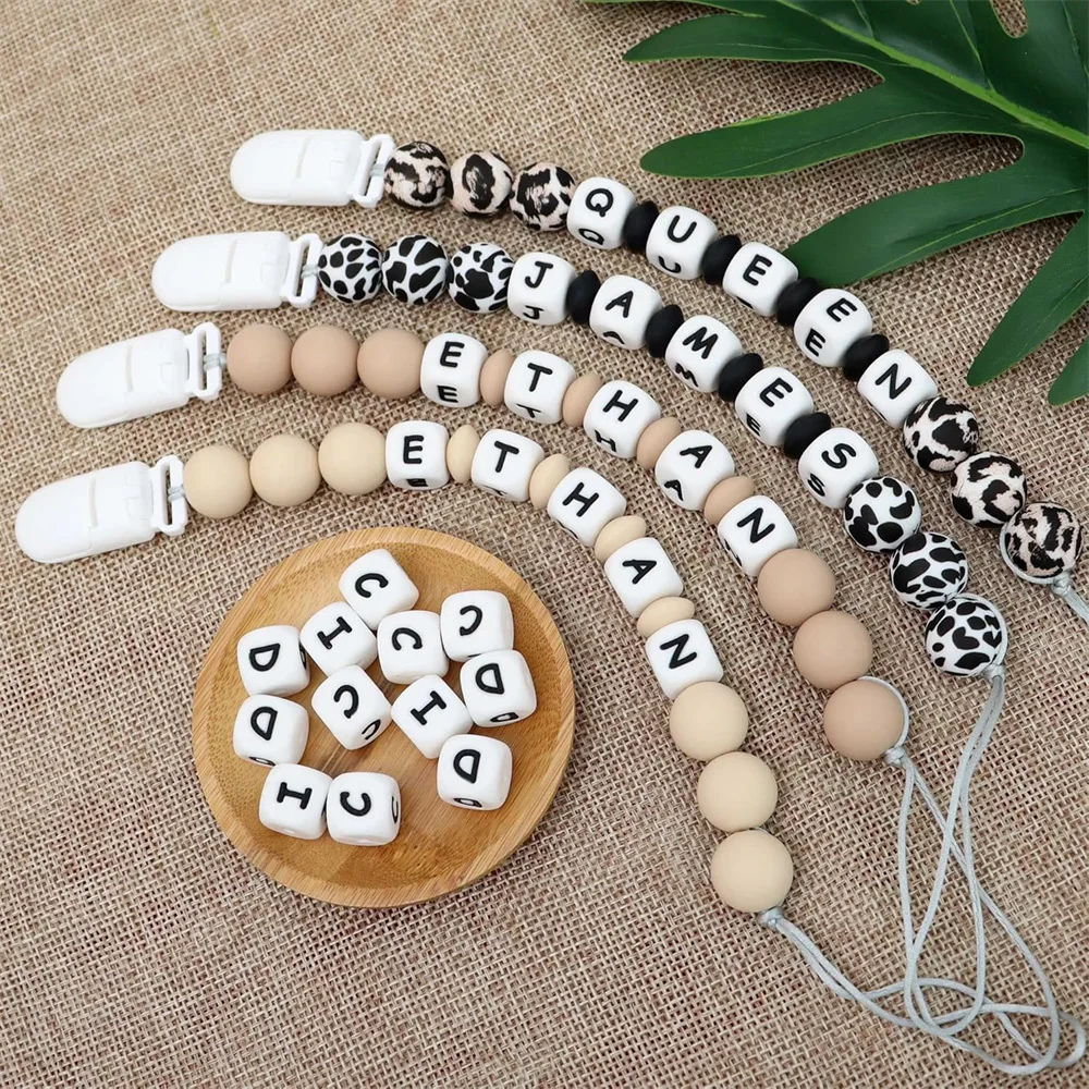 2pcs Solid Color Baby Pacifier Holder Personalize Name Custom Newborn Dummy Nipple Chain Babies Accessories Teething Toys Gifts