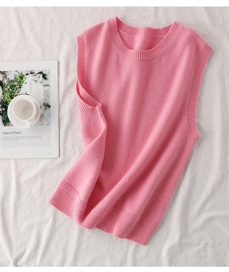 

New Simple round Neck Sleeveless Loose Wool Vest Women's Knitted Vest Outer Wear Short Temperamental Bandage Dress Waistcoat