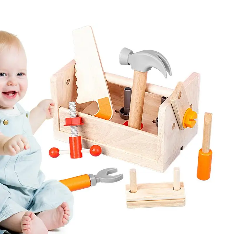 

Kids Tool Set 16pcs Wooden Toddler Construction Toy With Box Portable Montessori Early Developmental Toys Pretend Play Toys Set