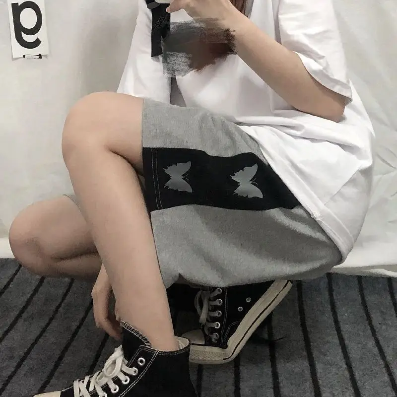 Women Casual Streetwear Harajuku Butterfly Print Patchwork Loose Straight Wide Leg Shorts 2023 Summer Sports Joggers Short Pants