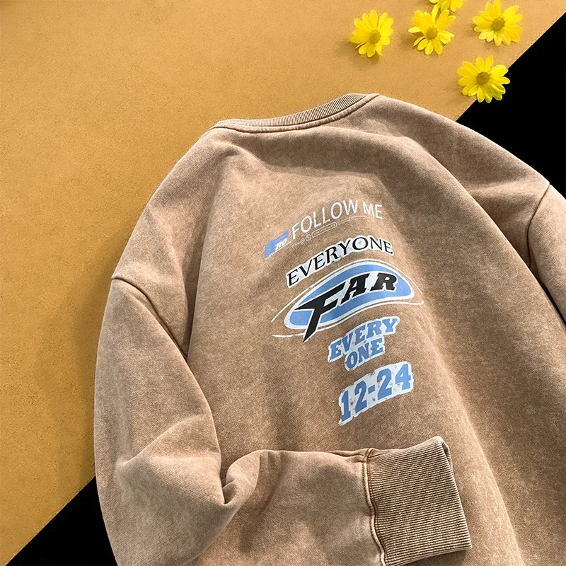 2024 Spring Retro Washed Old Sweatshirts For Men Hip-hop Graphic Printed Round Neck Tops Y2k Unisex Sweatshirt