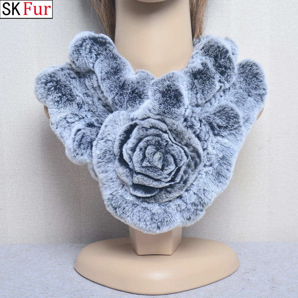 

New Women Winter Floral 100% Natural Real Rex Rabbit Fur Ring Scarves Lady Knitted Real Fur Mufflers Fashion Fluffy Fur Scarf