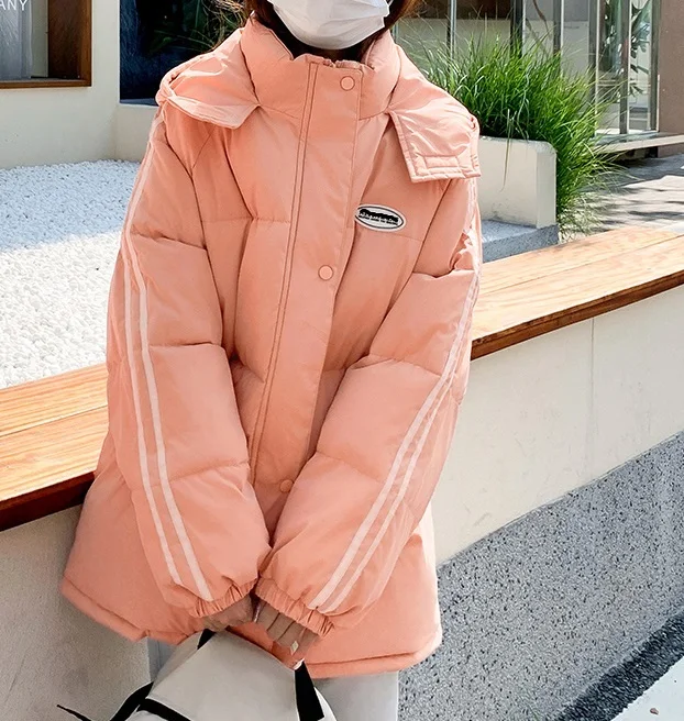 Down cotton jacket for women in 2023, new striped college style, loose and versatile, thickened bread jacket jacket, ins trend