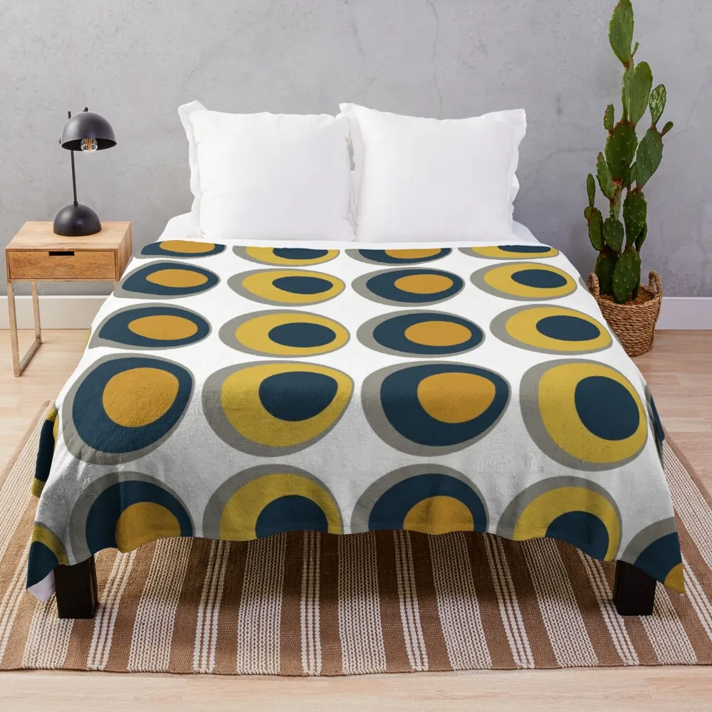 

Double Dots Retro Pattern in Light and Dark Mustard Yellow, Navy Blue, Grey, and White Throw Blanket