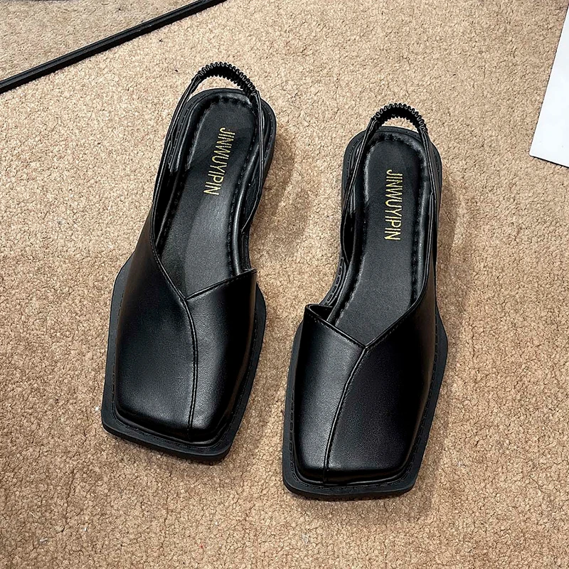 Summer Elegant Ladies Sandals Fashion Elastic Band Flat Heel Shallow Party Shoes Square Heel 35-40 Square Toe