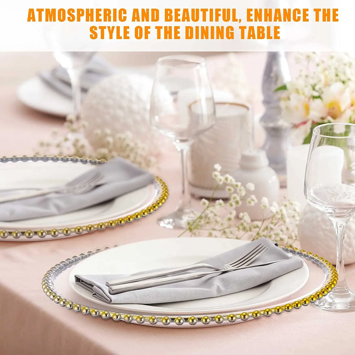 50 Pcs 100 pcs 200pcs Clear Charger Plate with Gold Beads Rim