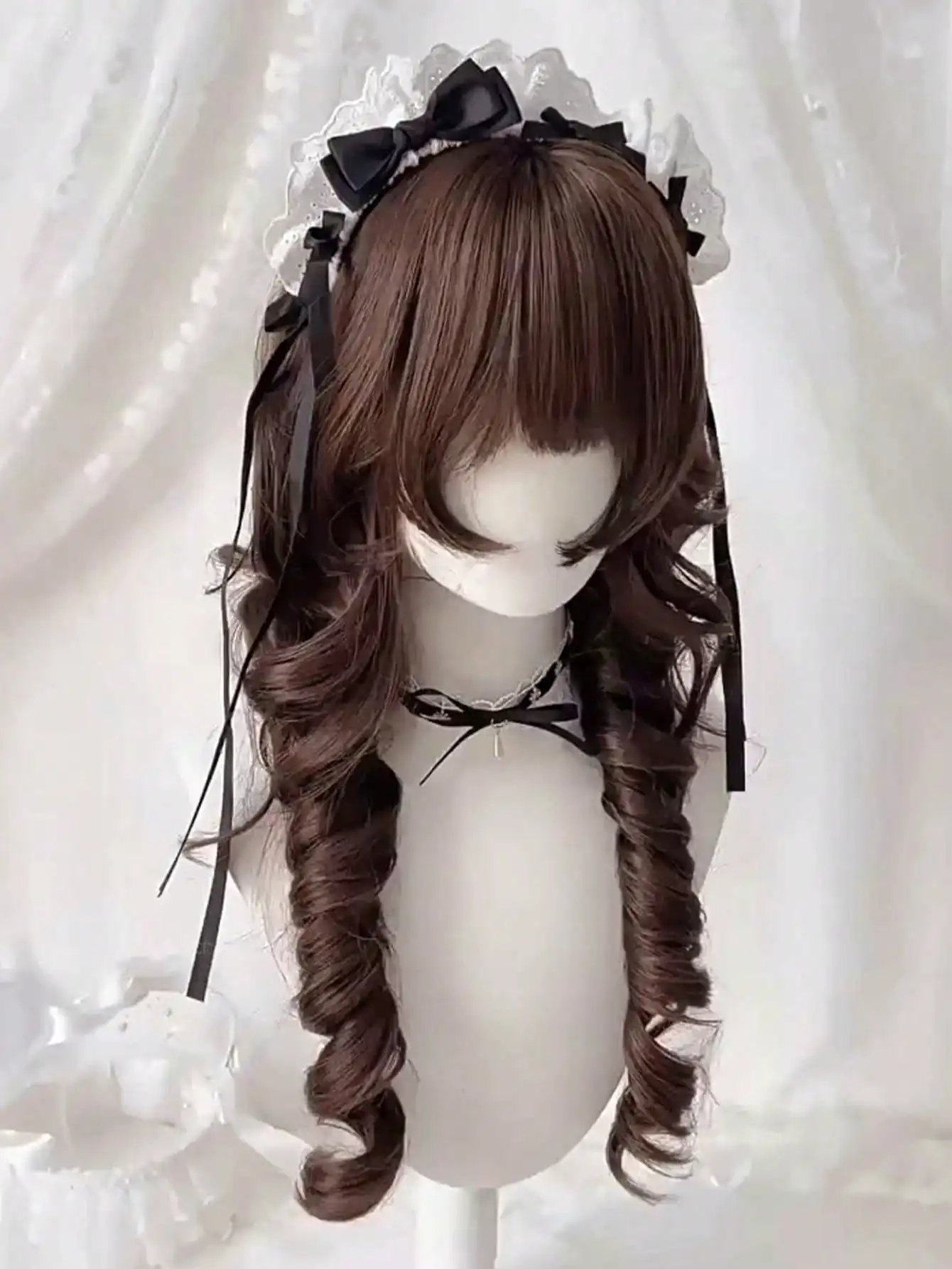Brown Synthetic Long Deep Wave Wig with Bangs for Women