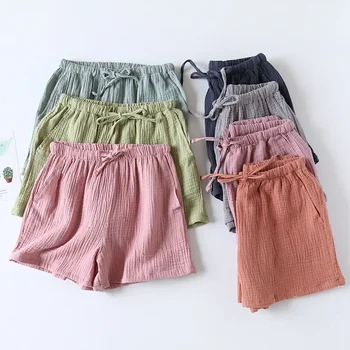 여성용 여름 잠옷 반바지, 단색 면 거즈, 더블 레이어 얇은 루즈 팬츠, 홈웨어, 여름 반바지, 비치웨어