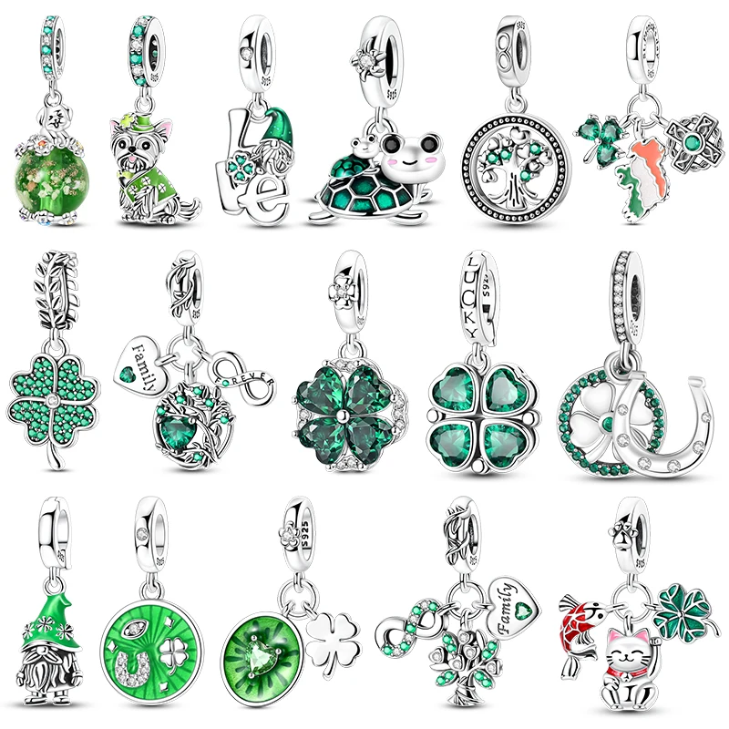 2026 925 Sterling Silber Grüner Glücks-Zirkon Vierblättrige Kleeblatt-Serie Charms Niedliche Hundeperlen Passend für Armbänder DIY Schmuck Originelle Frauengeschenke