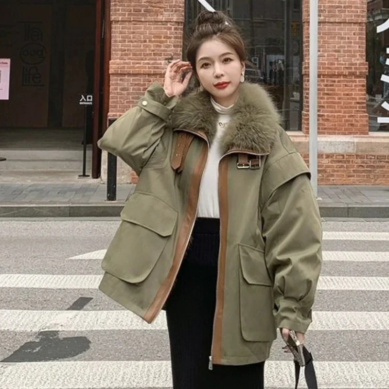 

YTNMYOP Women Winter Parka Faux Fur Jacket New Wool Liner Thickened Large Fur Collar Fried Street Coat Clothing S-2XL