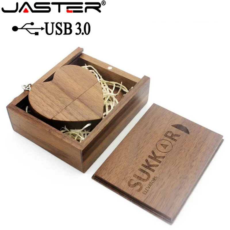 Jaster-madeira Usb 3.0 Flash Drive com Caixa Love Heart Modelo Memory Stick Presentes de Casamento Logotipo Personalizado 64gb 16gb 32gb 4gb