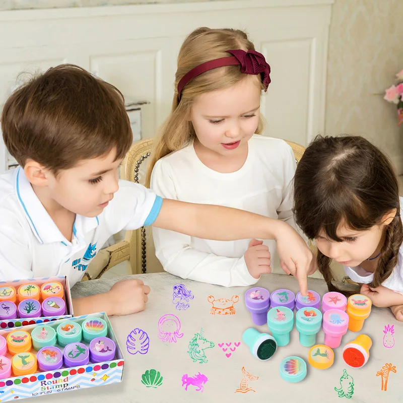 10Pcs Cartoon Self-ink Stamps Kids Mermaid Unicorn Birthday Party Favors Gift Flamingo Hawaiian Party Decor Supplies Wedding