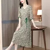 Green Floral V-neck Women's Dress Slimming A- line Skirt Short Sleeve Empire Waist Midi Dress Summer New Style Elegant Feeling